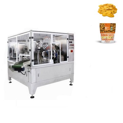 Automatic stand up pouch filling and sealing packaging machine for plantain banana chips